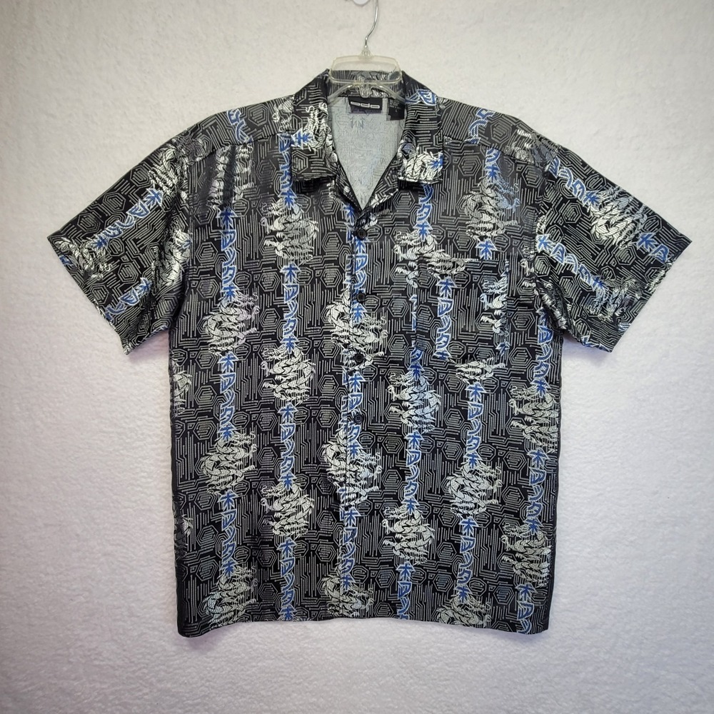 ODO Shirt Mens Large Black Geometric Dragon Button Up Vintage Y2K 90s